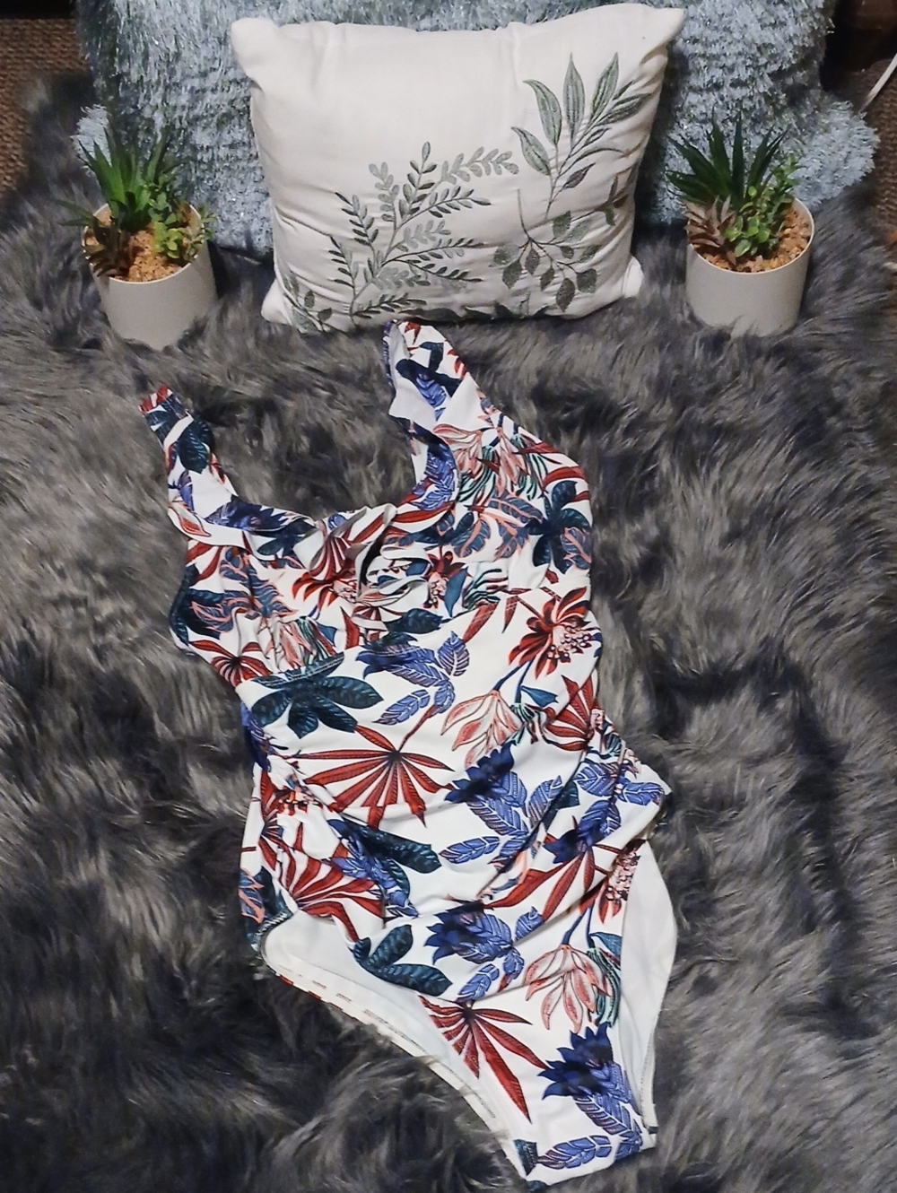 Persona Women's One-Piece Swimsuit in White with Blue and Pink Tropical Print